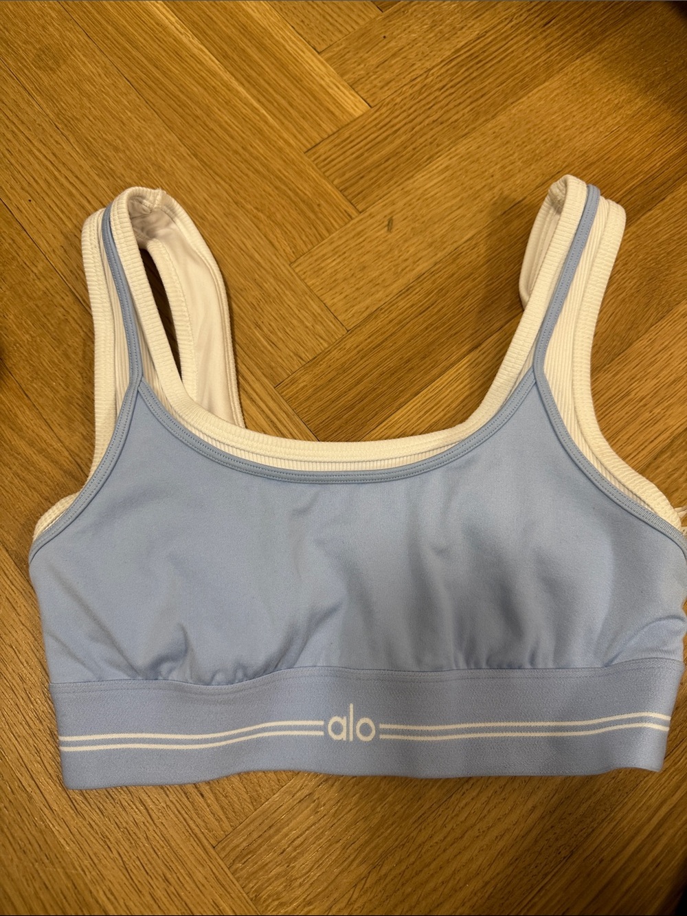 ALO Yoga Sky Blue Sports Bra with White Trim